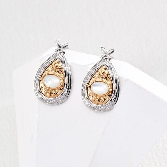 ✨ Artisan Original Design Two-Tone Mother of Pearl Teardrop Earrings - Picture 1 of 10
